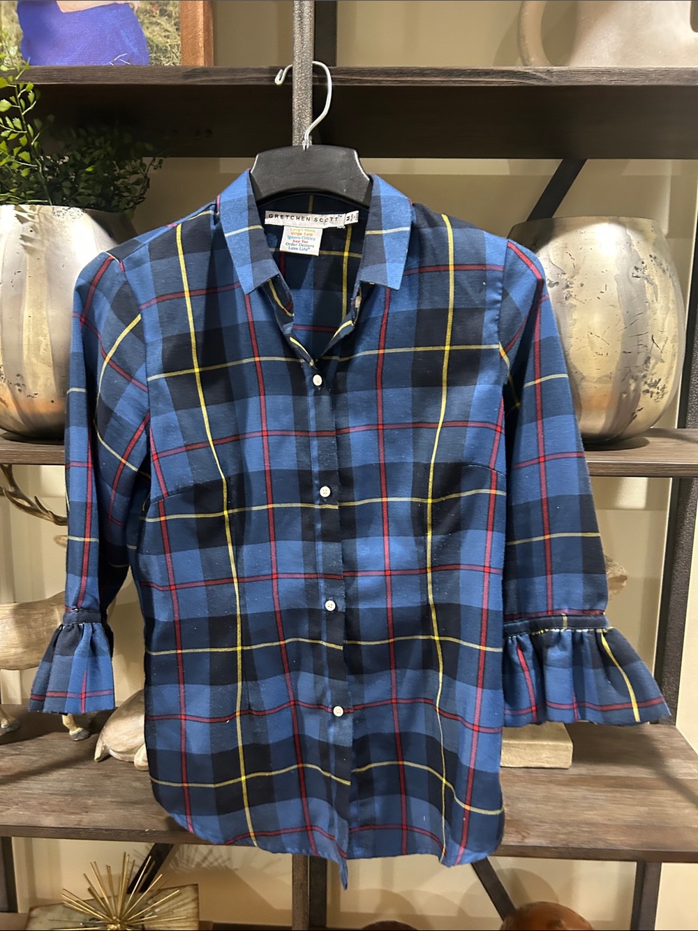 Gretchen Scott Duke Of York Priss Button Down Top Sz Medium Plaid Ruffle Sleeve